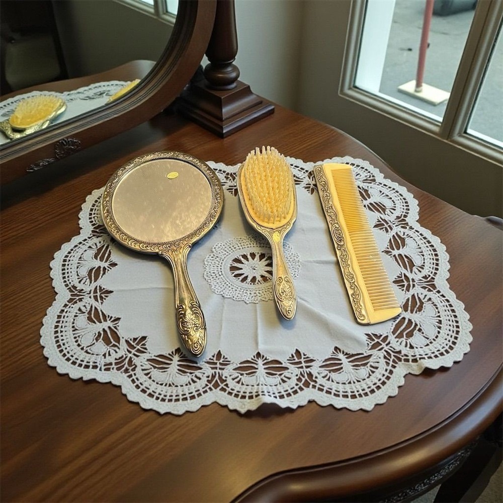 Victorian Silver-Plated Vanity Set Mirror Brush Comb‎ 3-Piece 1900's fair cond